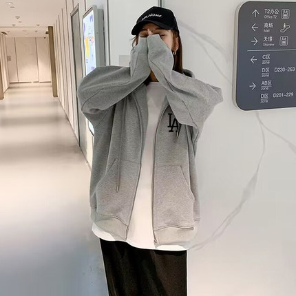 灰色拉链卫衣女加绒加厚2025秋冬新款欧货宽松中长款连帽开衫外套