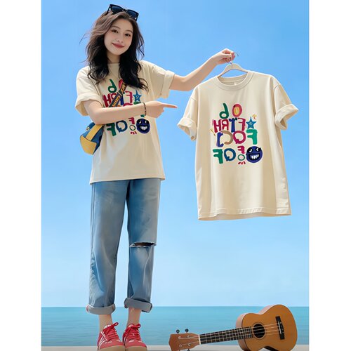 韩系字母印花圆领宽松短袖t恤女2026夏季新款绝美多巴胺穿搭上衣