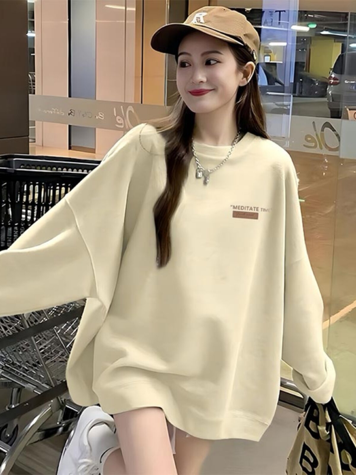 Beige Thin Round Neck Sweatshirt for Women, Spring and Autumn 2025 New Korean Style Loose Fleece Lined Hoodless Trendy Top