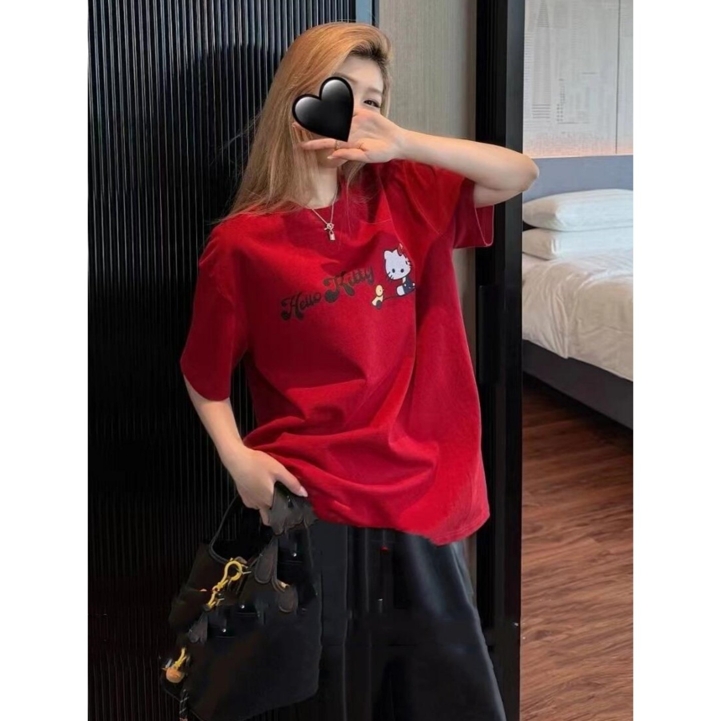 HelloKitty卡通印花红色圆领短袖t恤女2026新款宽松显瘦慵懒上衣