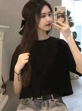 高腰纯棉黑色纯色短款t恤短袖女夏季小衫2026新款欧货小个子上衣