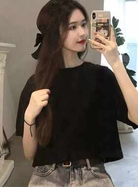 高腰纯棉黑色纯色短款t恤短袖女夏季小衫2026新款欧货小个子上衣