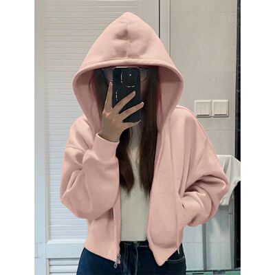 韩版短款重磅卫衣女秋冬季2025新款拉链开衫加绒加厚连帽宽松外套