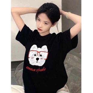 巨好看可爱眼镜狗印花宽松上衣潮 夏季 纯棉短袖 t恤女2025新款 爆款