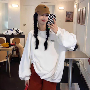 韩版时尚印花秋冬加绒圆领白色卫衣女款2026早秋新款宽松薄款上衣