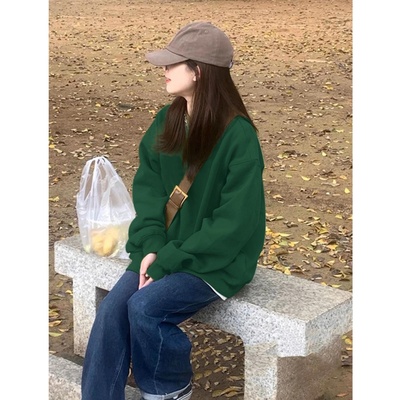 墨绿色卫衣女冬季保暖2025新款宽松大码多巴胺加绒加厚圆领上衣潮