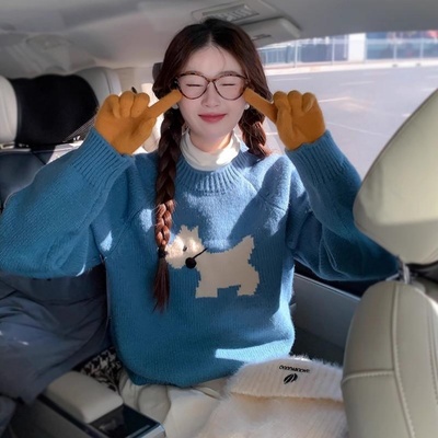 2025新款慵懒风圆领套头蓝色毛衣女秋冬季卡通小狗针织衫韩版上衣