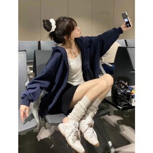 慵懒风开衫 秋冬季 拉链加厚上衣 爆款 藏蓝色外套连帽卫衣女2025新款
