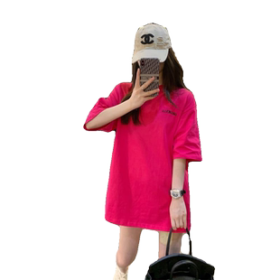 美式vibe火龙果色短袖t恤女夏季oversize多巴胺穿搭半袖情侣装