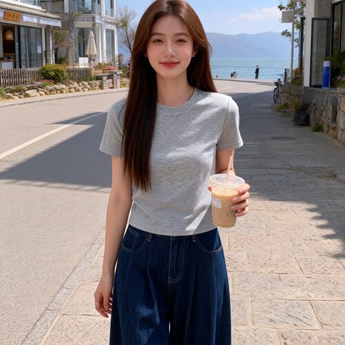 韩系灰色短袖t恤女夏季2026新款修身显瘦短款百搭圆领纯色上衣ins