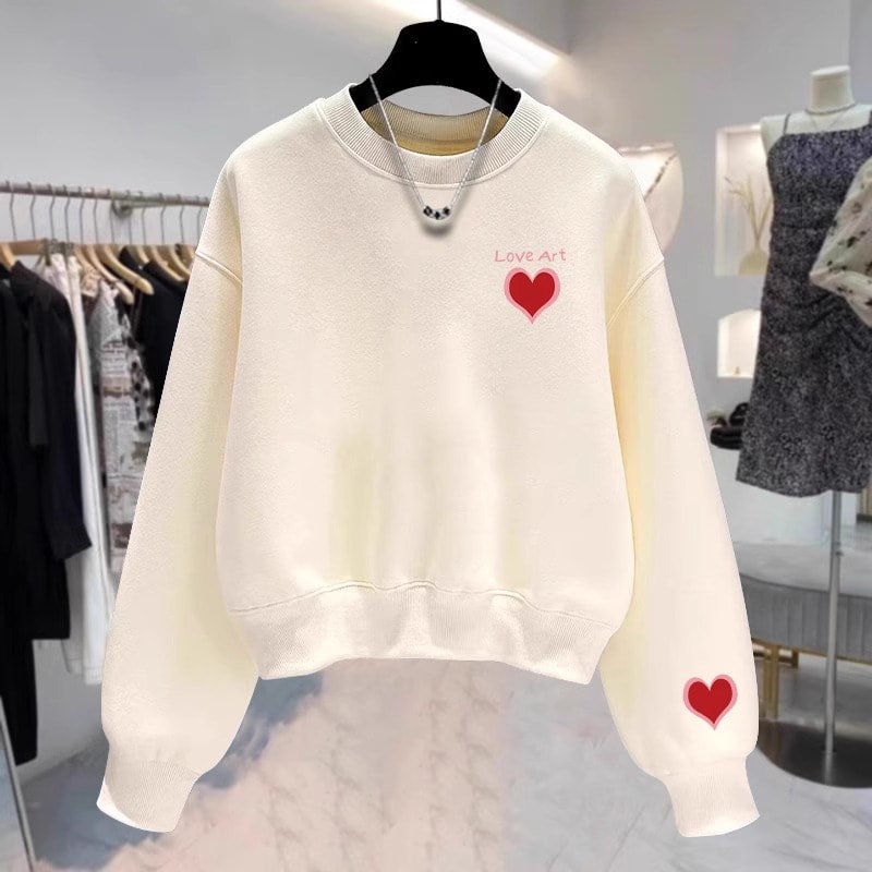 2025春秋新款薄款杏色爱心卫衣女短款美式小个子加绒宽松圆领上衣