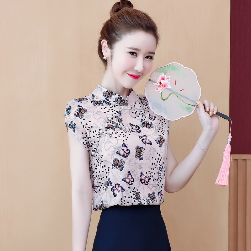 雪纺上衣女短袖2020年夏季新款复古时尚气质立领印花衬衫洋气小衫