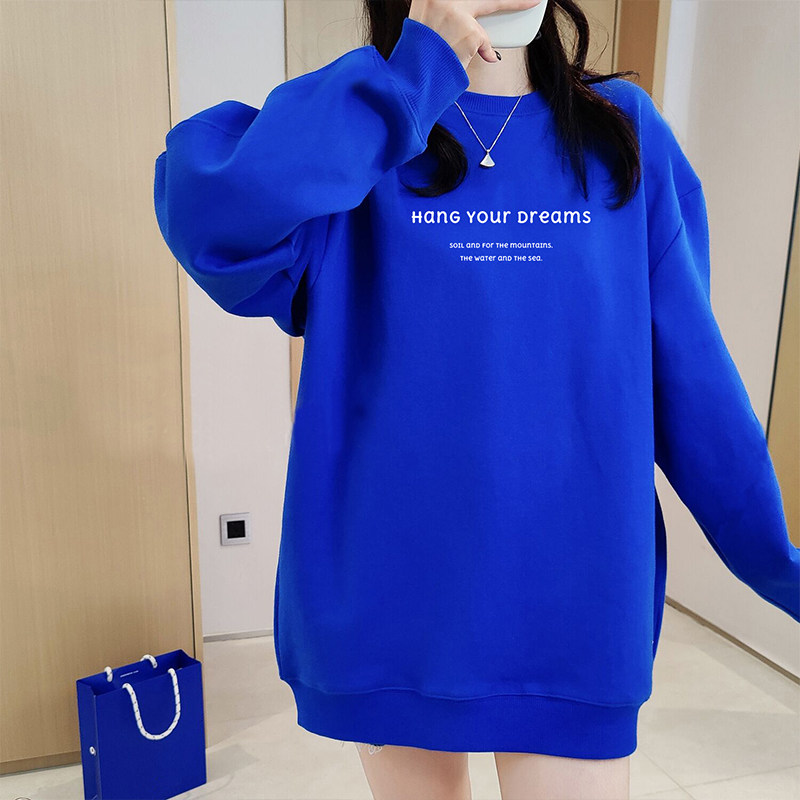 克莱因蓝圆领卫衣女加绒2026春秋新款爆款简约字母宽松中长款上衣