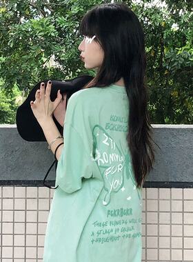 多巴胺穿搭薄荷绿色短袖t恤女夏季oversize蝴蝶印花宽松半袖上衣