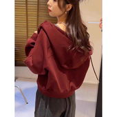 连帽美式 开衫 复古卫衣女款 酒红色短款 2025新款 爆款 外套女秋冬季 潮