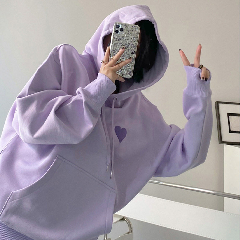 香芋紫加绒保暖连帽女秋冬新款宽松bf慵懒风中长款下身失踪潮