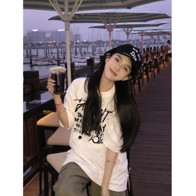 美式复古重磅纯棉短袖t恤女夏季宽松涂鸦印花半袖白色上衣潮牌ins