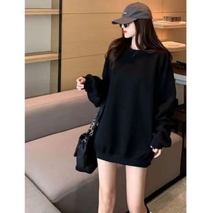 冬季保暖黑色中长款卫衣女遮屁股加绒加厚宽松大码慵懒风长袖上衣