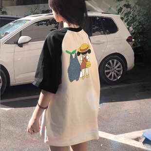 美式纯棉插肩短袖t恤女黑白拼接卡通夏季2026新款宽松中长款上衣