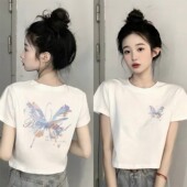 t恤女夏季 韩版 短袖 正肩白色短款 2025新款 爆款 宽松高腰减龄小衫 潮