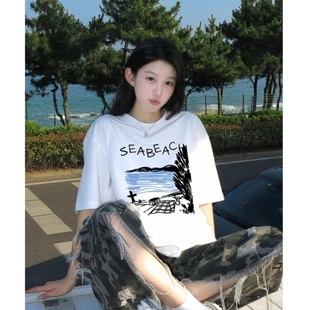 白色短袖 新款 oversize宽松大版 t恤女2025夏季 上衣 美式 慵懒风半袖