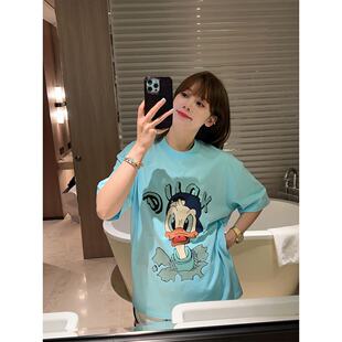 大码 宽松bf原宿风oversize唐老鸭图案潮牌美式 中长款 显瘦t恤 女装