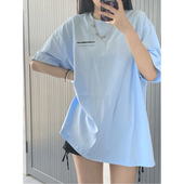 天蓝色小个子纯棉短袖 上衣 设计感小众半袖 正肩t恤女夏季 2025新款