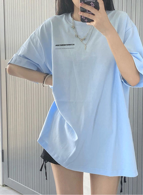 天蓝色小个子纯棉短袖正肩t恤女夏季2025新款设计感小众半袖上衣
