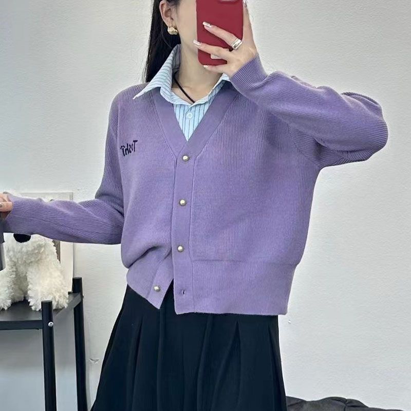 慵懒ins假两件针织衫宽松新款刺绣翻领开衫毛衣外套女洋气上，女装针织衫/毛衣，岚润乐美服饰