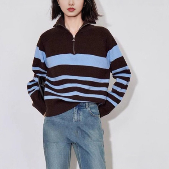 美拉蓝条纹针织衫女秋季款韩系半拉链polo领上衣撞色长袖套头毛衣，女装针织衫/毛衣，岚润乐美服饰