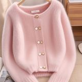 秋冬季新款女装软糯慵懒风奶fufu粉色圆领厚款针织衫毛衣休闲外套，女装针织衫/毛衣，岚润乐美服饰