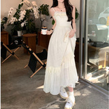 设计感小众吊带连衣裙女夏季温柔风木耳边裙子显瘦a字裙杏色长裙，商品下架区，岚润乐美服饰