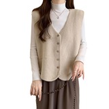 现货秋冬新款大码百搭V领内搭毛衣马甲柔软单排扣坎肩上衣女，女装马甲，岚润乐美服饰
