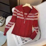 黑白条纹polo领针织打底衫女秋冬季修身显瘦软糯时尚气质v领上衣，女装打底裤，岚润乐美服饰