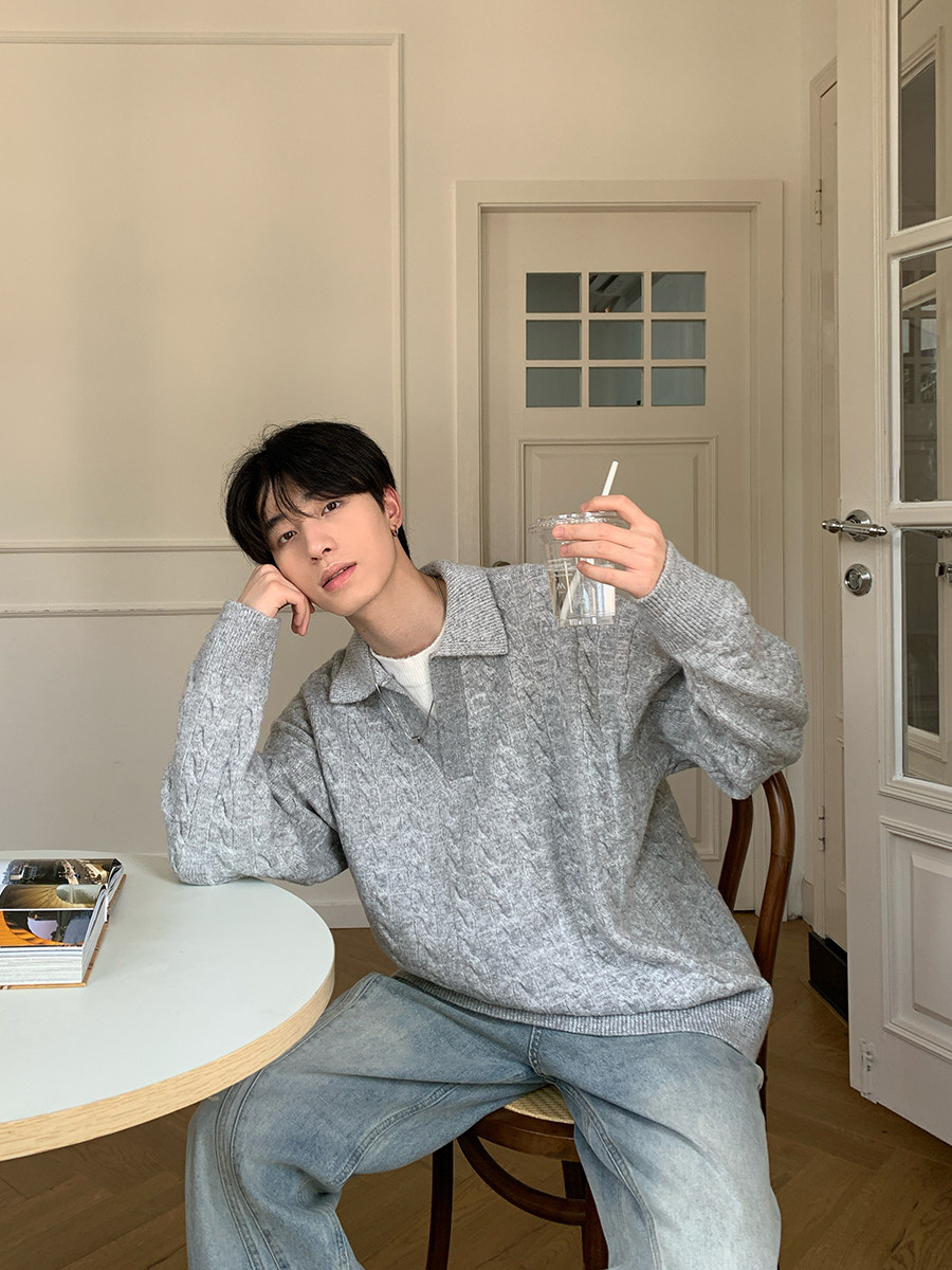 ONELYC1NS 韓国製フェイクツーピースラペルプルオーバーセーター長袖メンズ秋ルーズソリッドカラーカジュアルセーター