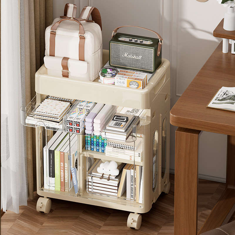 奶油风可移动书架落地置物架带轮小推车书包架桌面旁阅读收纳书柜
