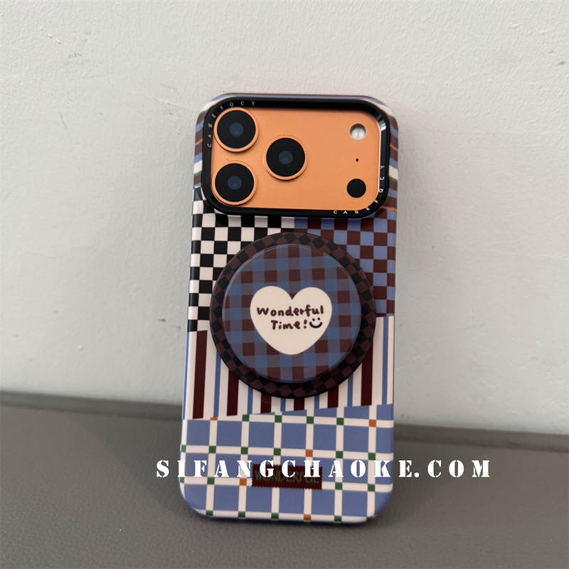秋冬格子爱心支架磁吸适用iPhone17ProMax手机壳15/14/16Pro套16PM壳简约