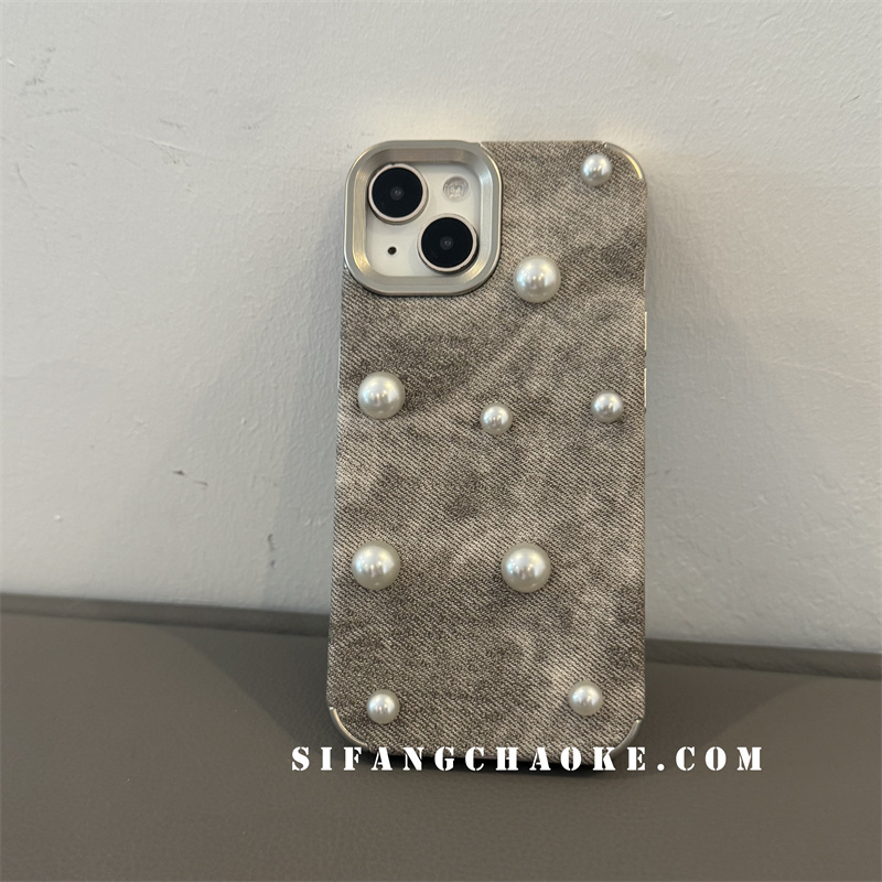 浅灰色牛仔布珍珠创意初秋适用iPhone17Promax手机壳15/14/14Pro壳15Pm壳