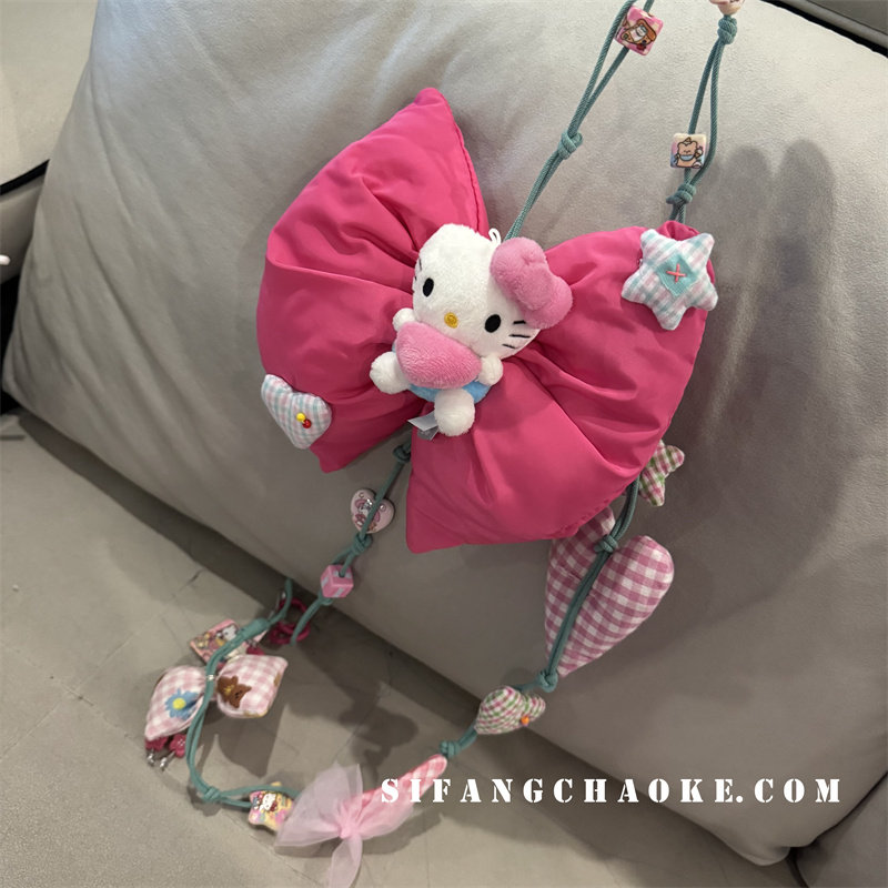 大玫红色甜酷风蝴蝶结挂件斜挂手机壳包包挂链手机袋子斜背