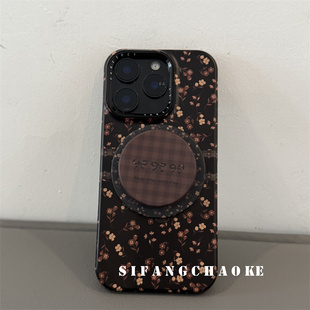 14Promax套简约13 14Pro壳 甜酷风秋冬黑色花朵磁吸适用iPhone17ProMax手机壳16
