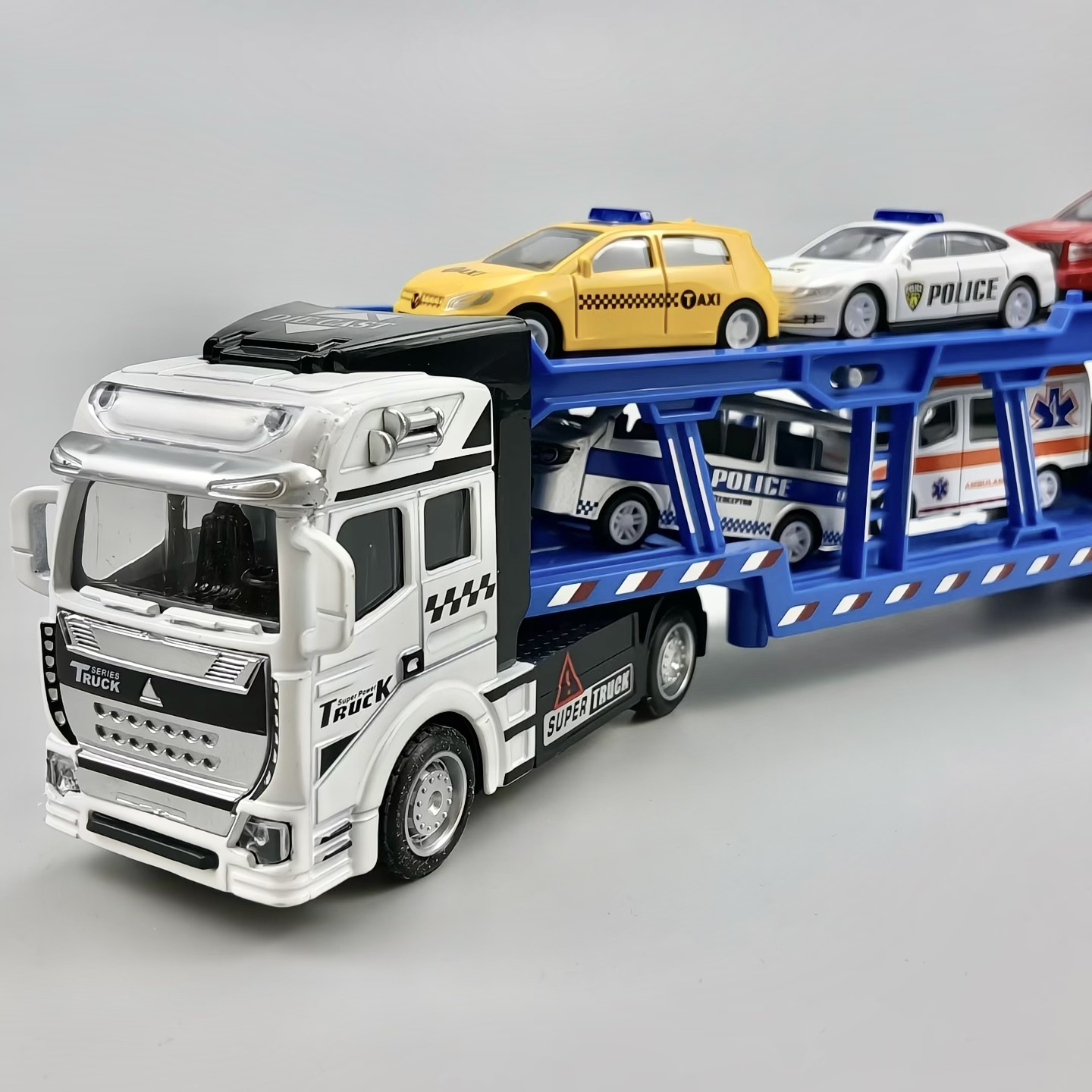 合金警车拖车运输车玩具双层赛车