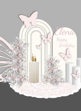 蝴蝶天使女孩生日派对背景kt板珠光粉紫色气球支架实物材料包0447