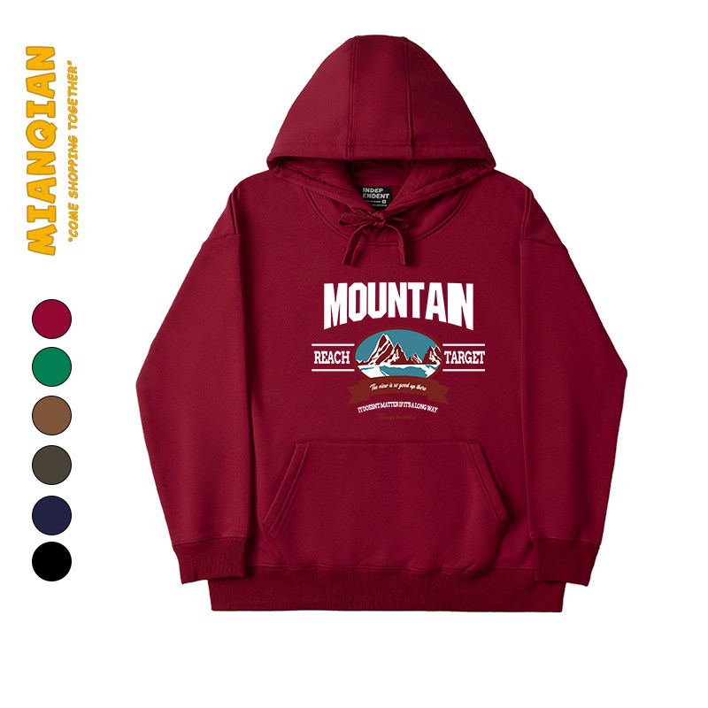 棉牵潮牌复古连帽卫衣女薄款上衣秋冬内搭帽衫显白酒红色长袖外套