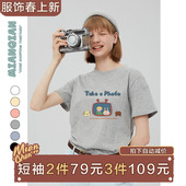 上衣 小个子半袖 棉牵日系可爱卡通灰色正肩短袖 t恤女纯棉宽松夏季