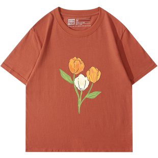 棉牵正肩短袖t恤女显瘦显白砖红色夏季上衣手绘涂鸦100%纯棉半袖