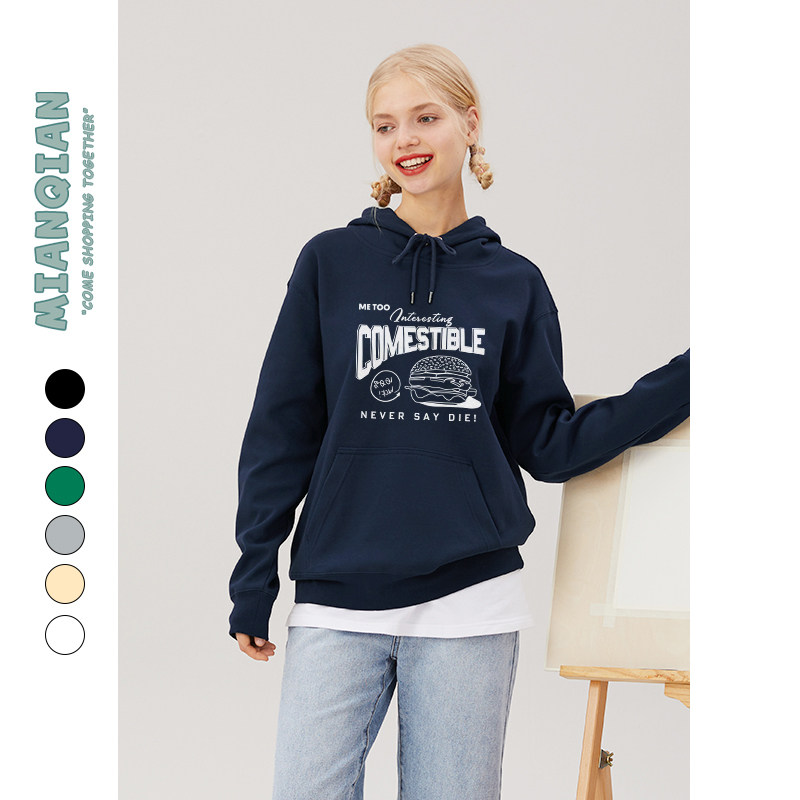 棉牵美式休闲印花连帽卫衣女秋冬加绒长袖上衣内搭帽衫藏蓝色外套