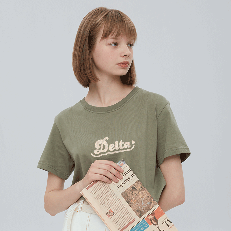 棉牵美式复古正肩豆绿色显白t恤
