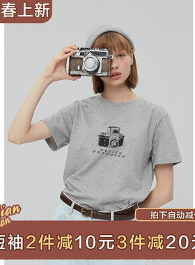 棉牵复古相机字母纯棉短袖t恤女