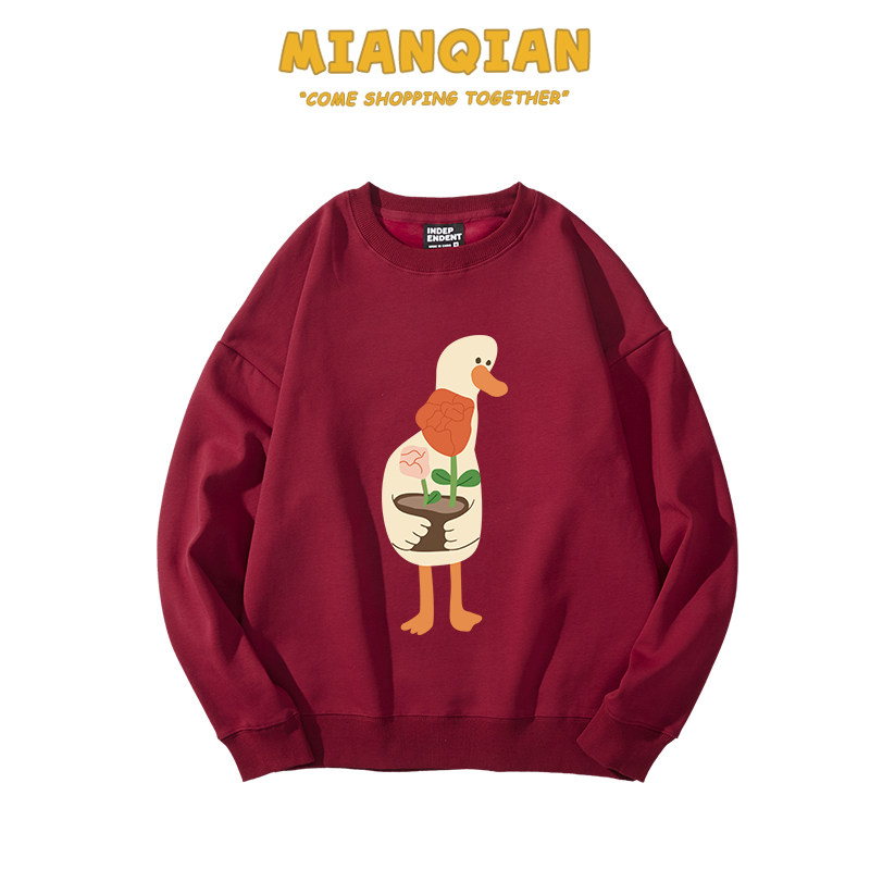 棉牵显白酒红色圆领卫衣女春季薄款长袖上衣趣味卡通印花外套无帽