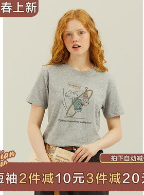 棉牵可爱卡通t恤正肩短袖女显瘦美式复古灰色上衣夏季纯棉半袖潮